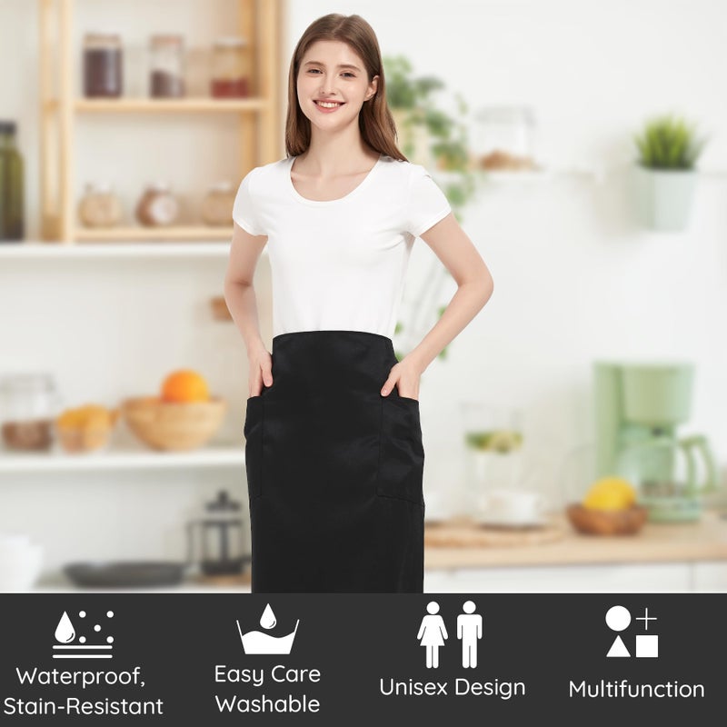 FunChaos 3 Pack Waist Apron with 2 Pockets, Black Waitress Waiter Aprons for Women and Man, Water Resistant Long Server Aprons with Long Straps Bistro Apron for Restaurant Server Work Bar, 27.95''X 31.5'' - Image 2