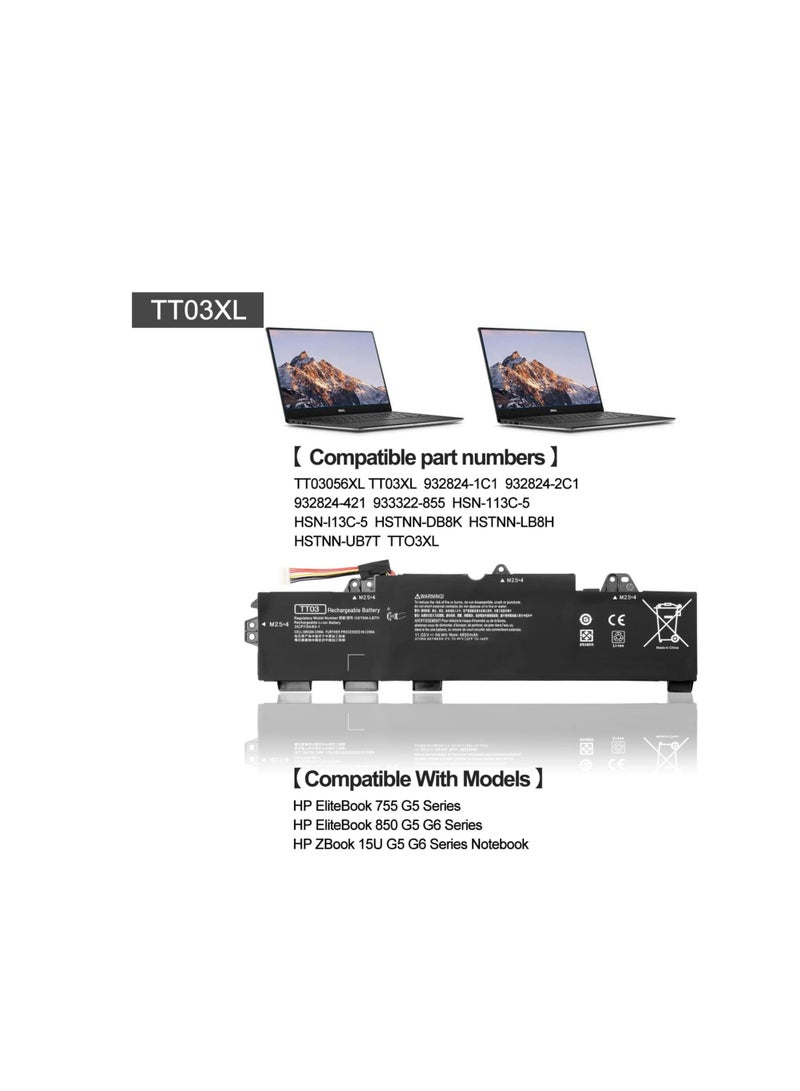 Terabyte بطارية TT03XL متوافقة مع سلسلة HP EliteBook 755 G5 وسلسلة HP EliteBook 850 G5 G6 وسلسلة HP ZBook 15U G5 G6 (11.1 فولت 5200 مللي أمبير أسود) - Image 3