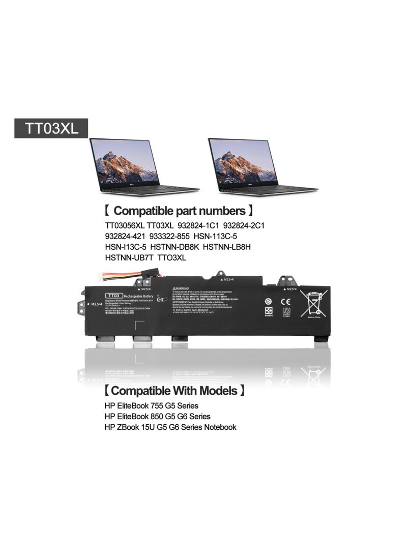 Terabyte بطارية TT03XL متوافقة مع سلسلة HP EliteBook 755 G5 وسلسلة HP EliteBook 850 G5 G6 وسلسلة HP ZBook 15U G5 G6 (11.1 فولت 5200 مللي أمبير أسود) - Image 4