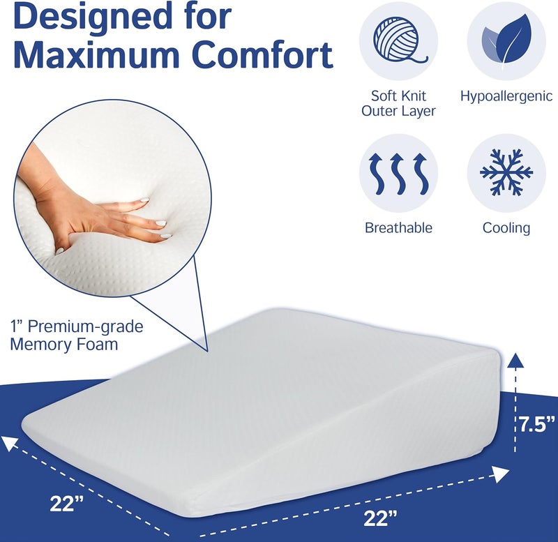 Ebung Bed Wedge Pillow With Memory Foam Top 7.5in - Ideal For Comfortable, Restful Sleeping - Wedge Pillow Neck & Back Pain Relief, Acid Reflux, Snoring, Heartburn, Allergies - Versatile & Washable Cover - Image 5