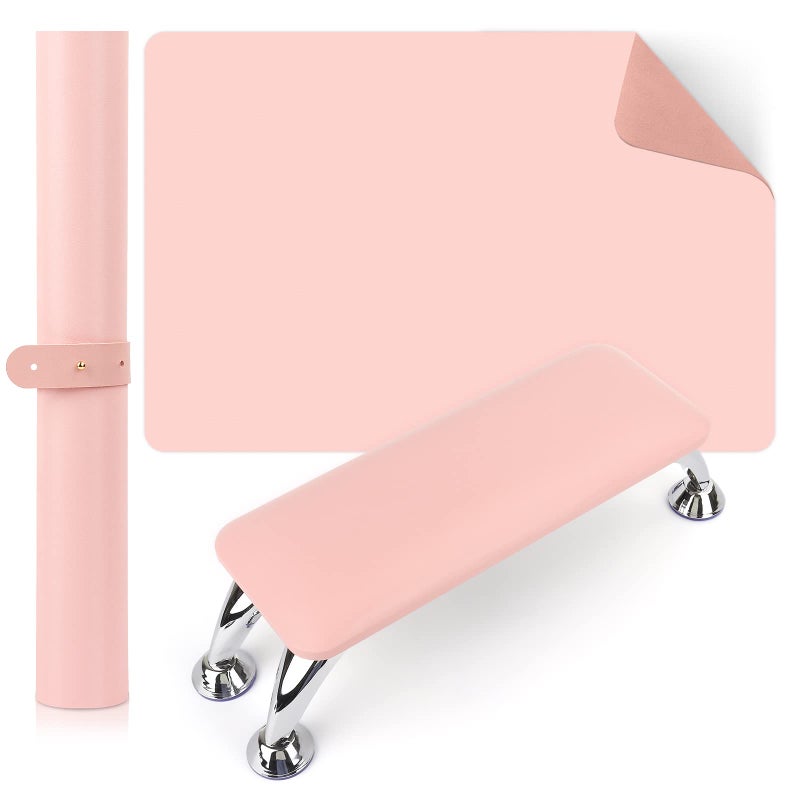 LIONVISON Nail Arm Rest for Acrylic Nails with Nail Table Mat Microfiber Leather Nail Hand Rest Cushion for Nails Soft Hand Pillow Footstool with Foldable Nail Art Hand Rest Pad for Nail Tech Use Pink