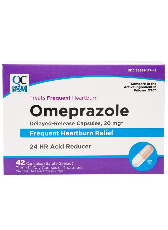 Quality Choice Omeprazole Delayed Release Acid Reducer Capsules, 20mg Frequent Heartburn Treatment, Contains Three 14 Day Courses of Treatment 42 Count - Image 1