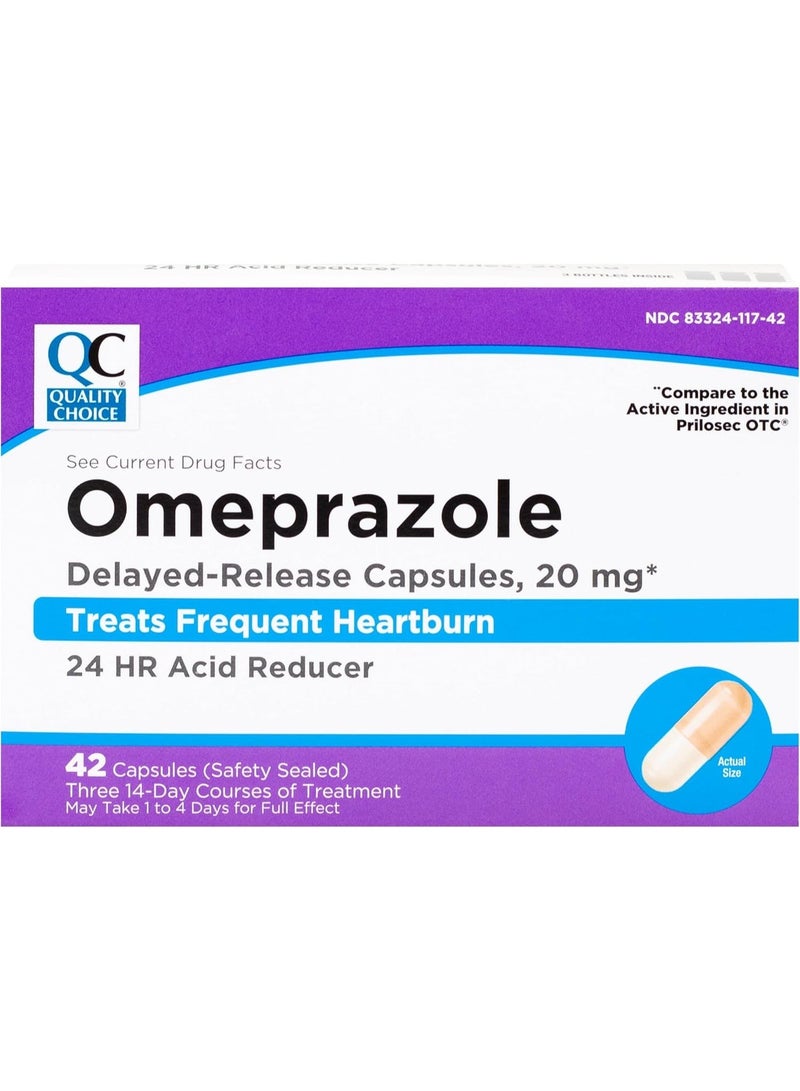 Quality Choice Omeprazole Delayed Release Acid Reducer Capsules, 20mg Frequent Heartburn Treatment, Contains Three 14 Day Courses of Treatment 42 Count - Image 1