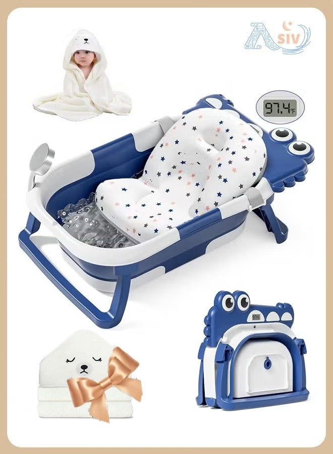 ASIV Foldable Baby Bathtub Set (Thermometer + Floating Mat + Hooded Towel) - 0-3 Years Old, Smart Temperature Monitoring, Space-Saving, Safe Material for Home & Travel - Image 1