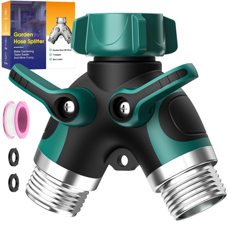 BKV 2 Way Garden Hose Splitter with Shut Off Valve,Water Spigot Splitter for 3/4" Hose Connector,Heavy Duty Metal Outdoor Faucet Splitter Y Connector for Garden Hose,with 3 Leakproof Washers & 1 tape - Image 1