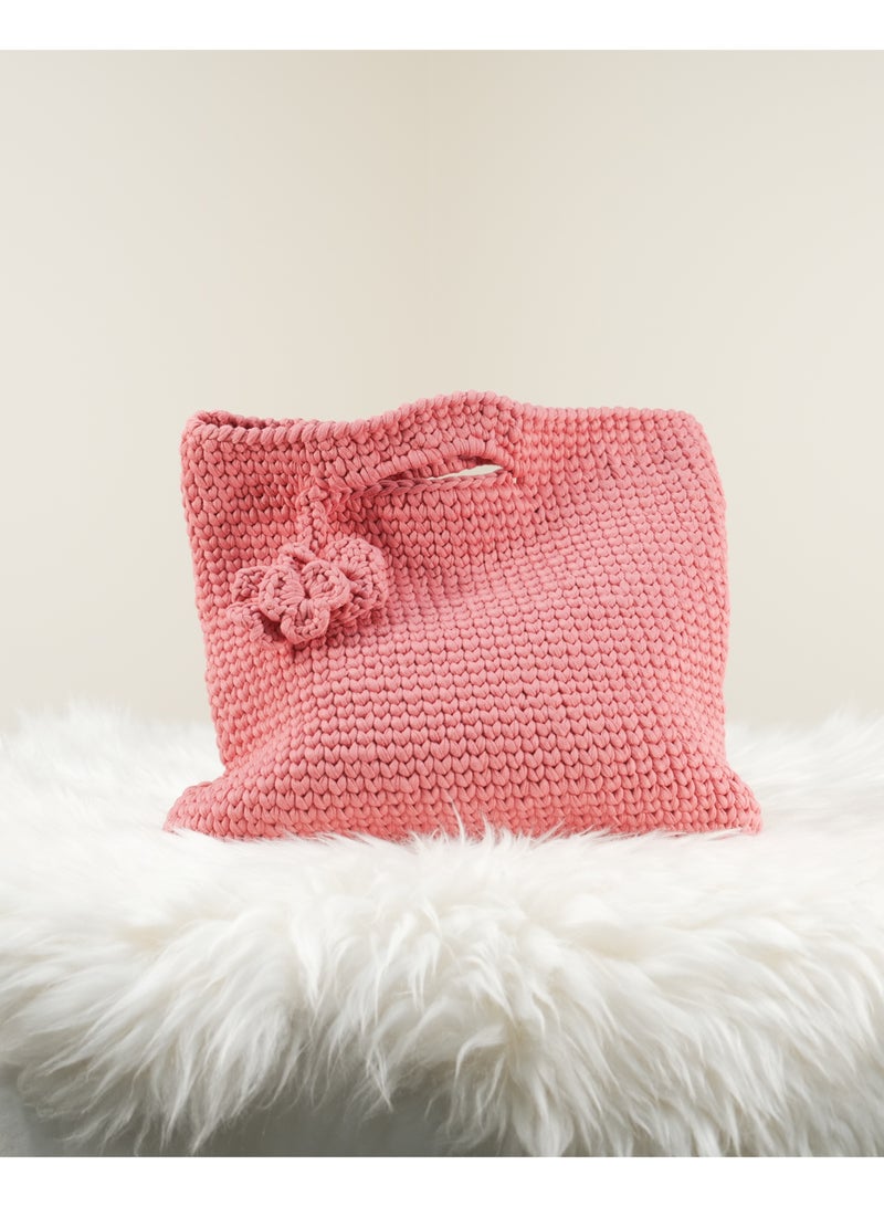 Peach Crochet Top Handle Tote Handbag