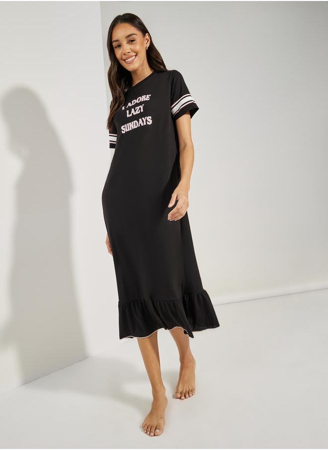 Styli Lazy Sundays Stripe Sleeve Ruffle Hem Sleep T-Shirt Dress  - Image 2