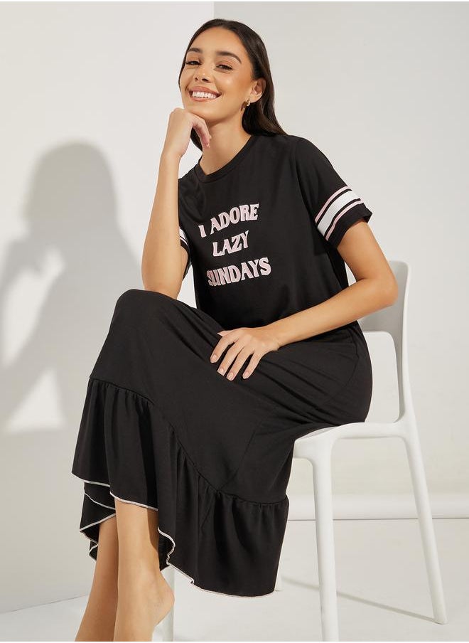 Styli Lazy Sundays Stripe Sleeve Ruffle Hem Sleep T-Shirt Dress  - Image 1