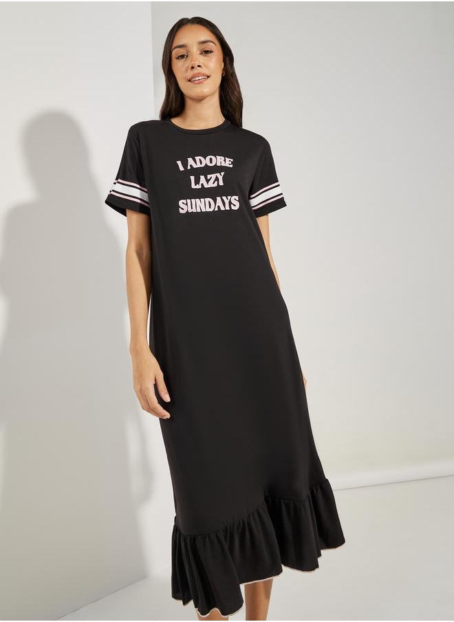 Styli Lazy Sundays Stripe Sleeve Ruffle Hem Sleep T-Shirt Dress  - Image 3