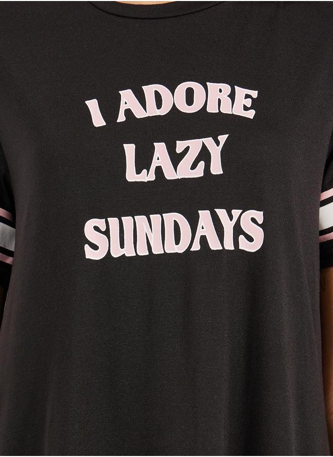 Styli Lazy Sundays Stripe Sleeve Ruffle Hem Sleep T-Shirt Dress  - Image 4