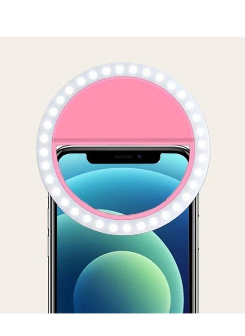 Selfie Ring Light , Rechargeable Portable Clip-On Phone LED Ring Light- 4 Colours Camera Light - Phone Photography Camera Selfie Light- Girls Make Up Ring Light (Pink 90mins) - Image 1