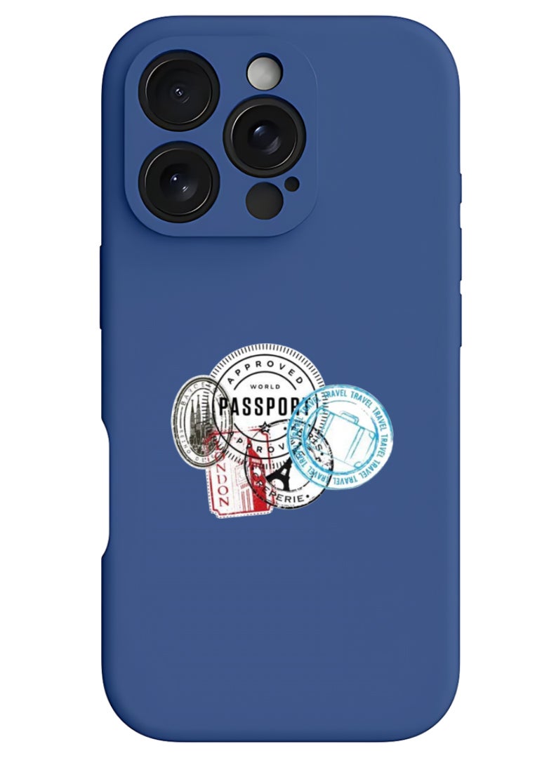 Theodor iPhone 16 Pro Blue Protective Slim Fit Case Liquid Silicone Cover with Full Body Protection Anti-Scratch Shockproof Case For iPhone - Stamps - Image 1