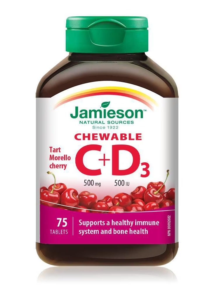 Jamieson Chewable Vitamin C 500 mg and Vitamin D3 500 IU Morello Cherry Flavour Tablets 75 chewable - Image 1