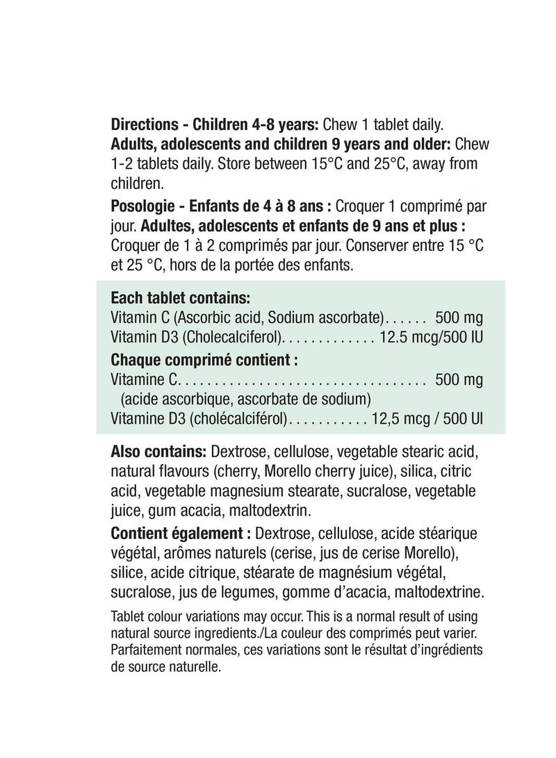 Jamieson Chewable Vitamin C 500 mg and Vitamin D3 500 IU Morello Cherry Flavour Tablets 75 chewable - Image 2