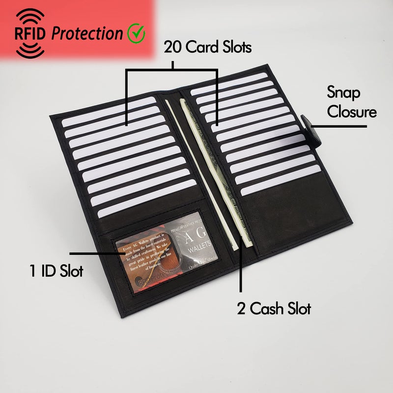 ag wallets محافظ جلدية أصلية للرجال طويلة الهوية 19 بطاقة ائتمان مع حماية RFID (أسود مع إغلاق بالضغط) - Image 2
