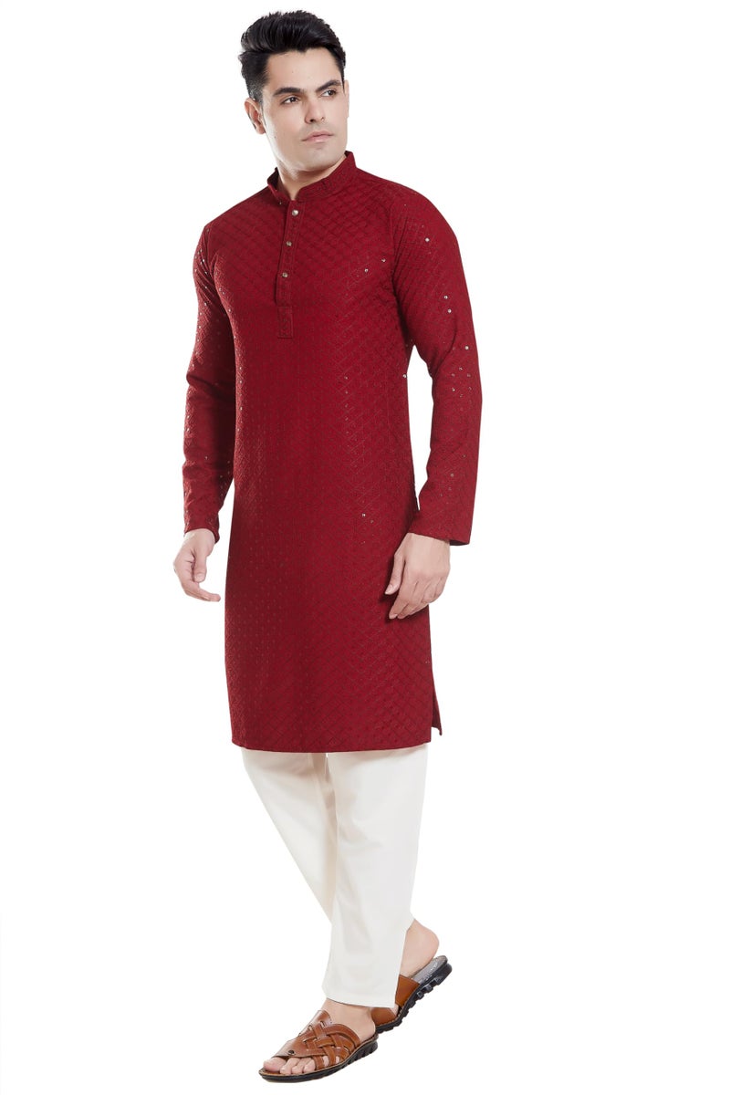 DIVISIVE Men's Sequince Embroidered Cotton Blend Only Slim Fit Kurta (DKRT131_XL_Maroon) - Image 3
