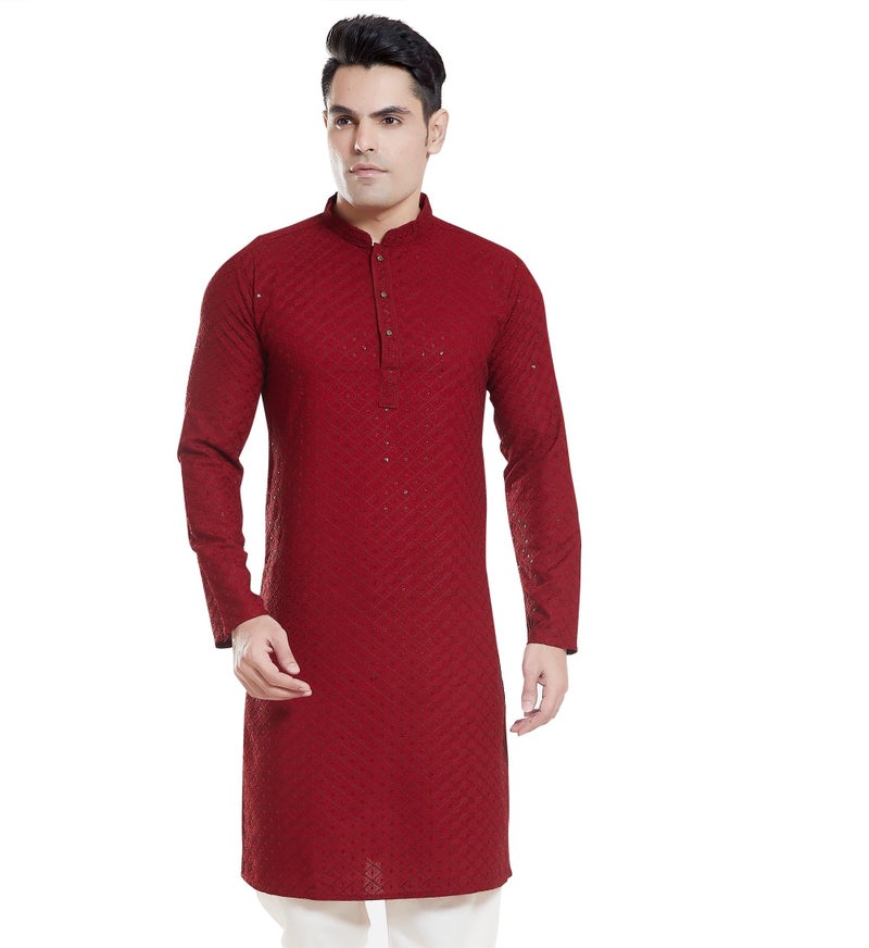 DIVISIVE Men's Sequince Embroidered Cotton Blend Only Slim Fit Kurta (DKRT131_XL_Maroon) - Image 1