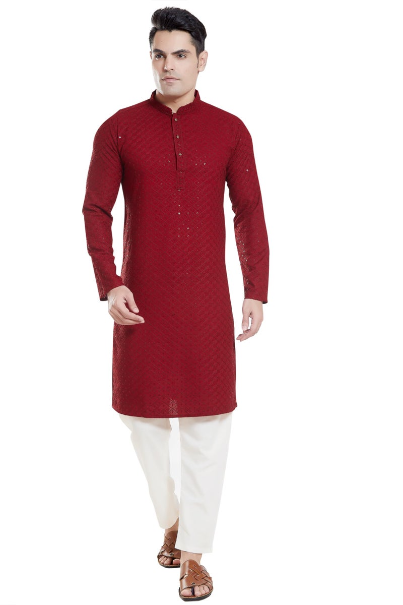 DIVISIVE Men's Sequince Embroidered Cotton Blend Only Slim Fit Kurta (DKRT131_XL_Maroon) - Image 2