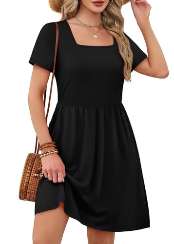 OFEEFAN Womens Dresses Black Dresses for Women 2026 Elegant Classy Summer Dresses Spring Outfits Fashion Clothing Square Neck Sundress Beach Vacation Clothes Casual Short Sleeve T Shirt Dress XL - Image 4