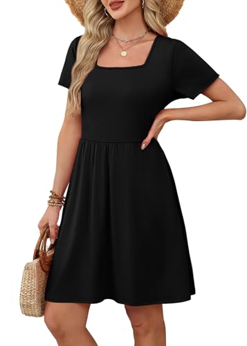 OFEEFAN Womens Dresses Black Dresses for Women 2026 Elegant Classy Summer Dresses Spring Outfits Fashion Clothing Square Neck Sundress Beach Vacation Clothes Casual Short Sleeve T Shirt Dress XL - Image 5