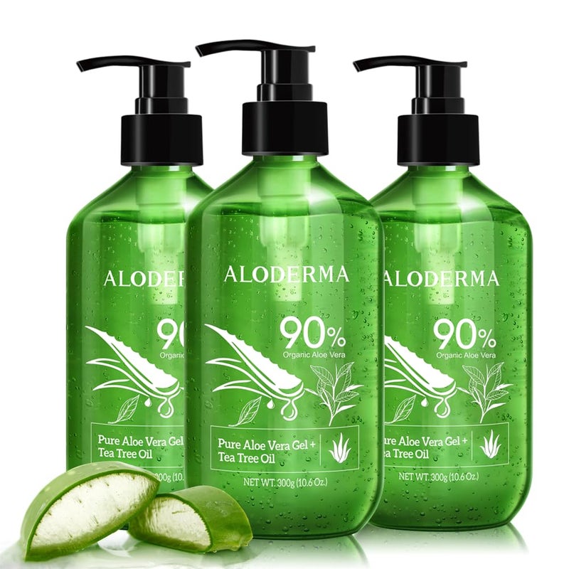 Aloderma Organic Aloe Vera Gel for Skin  Tea Tree Oil Made within 12 Hours of Harvest Soothing Pure Aloe Vera Gel for Face Works Great for Scalp  Aftershave All Natural Aloe Gel  300ml x 3btl