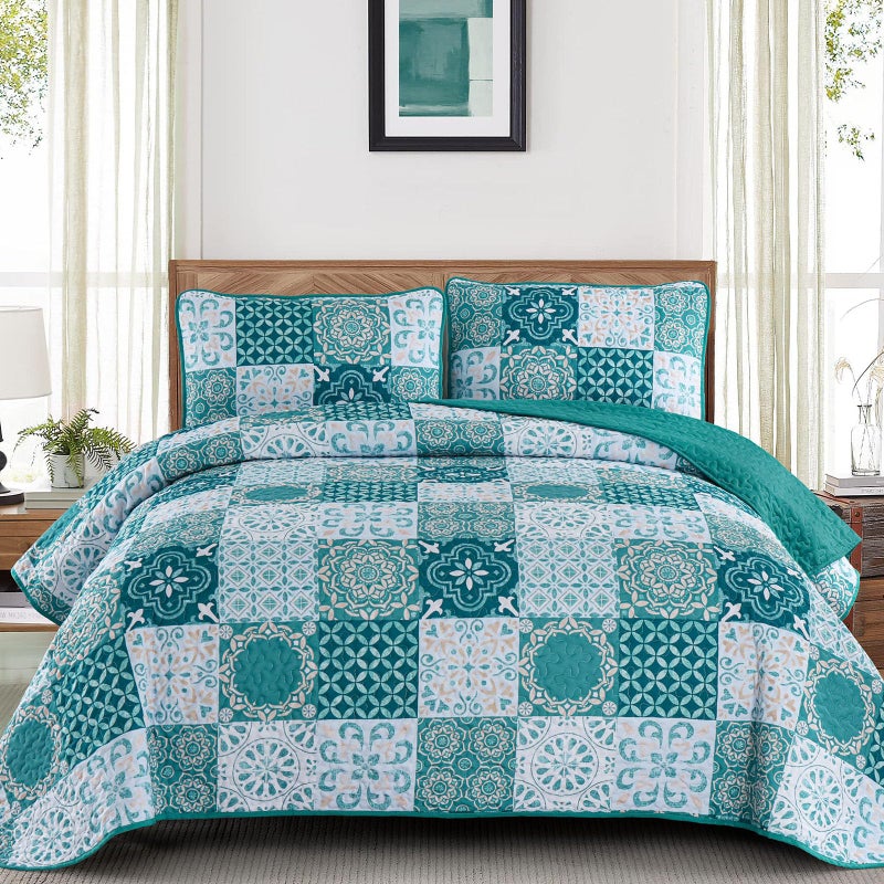 Teal Quilt Set Queen Size Boho Turquoise Plaid Patchwork Bedspreads Coverlet Set 3 Pieces Soft Lightweight Microfiber Bohemian Quilt Bedding Set for All Seasons 96x90