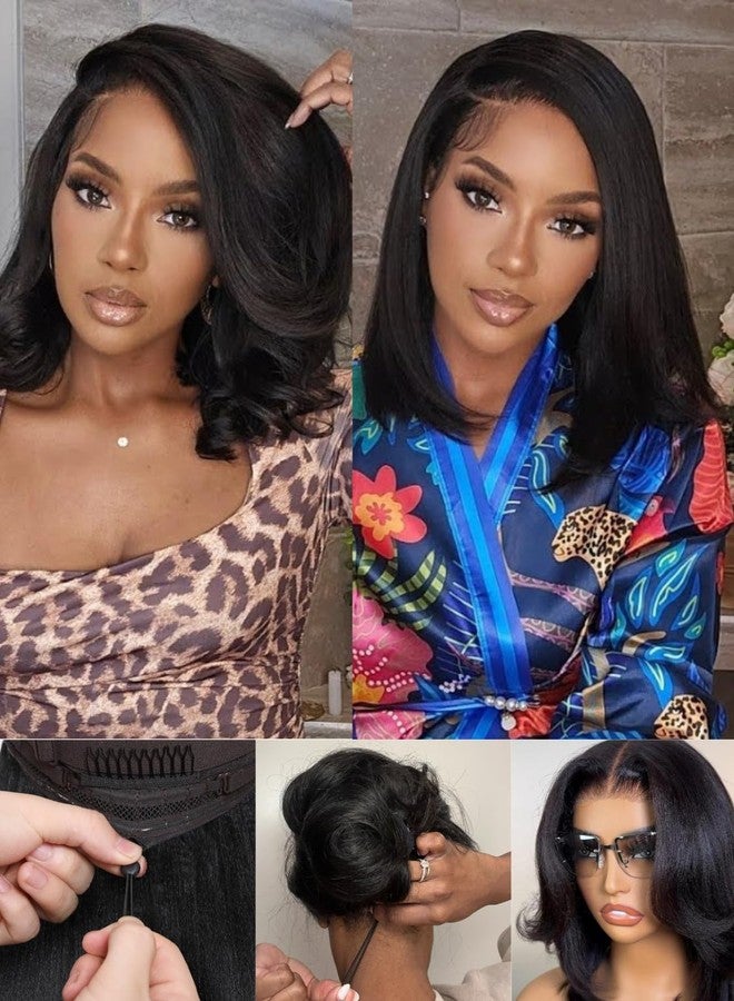 Nadula Yaki Straight Bob Drawstring Wig Human Hair Glueless Pre Cut 7x5 HD Bye Bye Knots Lace Front Wig Pre Plucked Invisible Knots Ready to Wear Short Light Yaki Bob Wigs 150% Density 12inch - Image 2