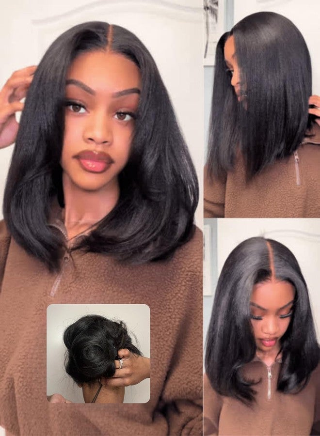 Nadula Yaki Straight Bob Drawstring Wig Human Hair Glueless Pre Cut 7x5 HD Bye Bye Knots Lace Front Wig Pre Plucked Invisible Knots Ready to Wear Short Light Yaki Bob Wigs 150% Density 12inch - Image 4