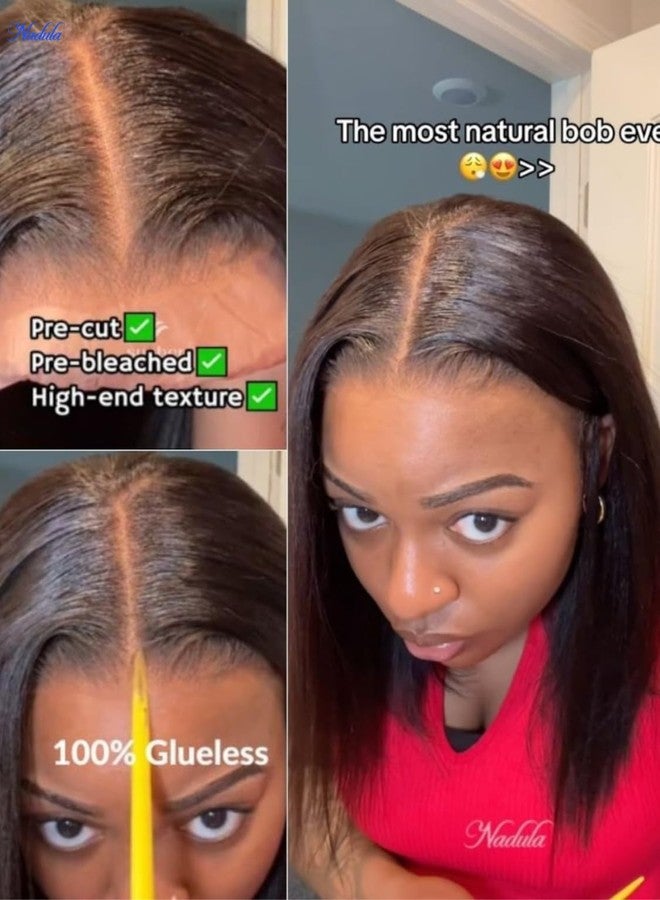 Nadula Yaki Straight Bob Drawstring Wig Human Hair Glueless Pre Cut 7x5 HD Bye Bye Knots Lace Front Wig Pre Plucked Invisible Knots Ready to Wear Short Light Yaki Bob Wigs 150% Density 12inch - Image 3