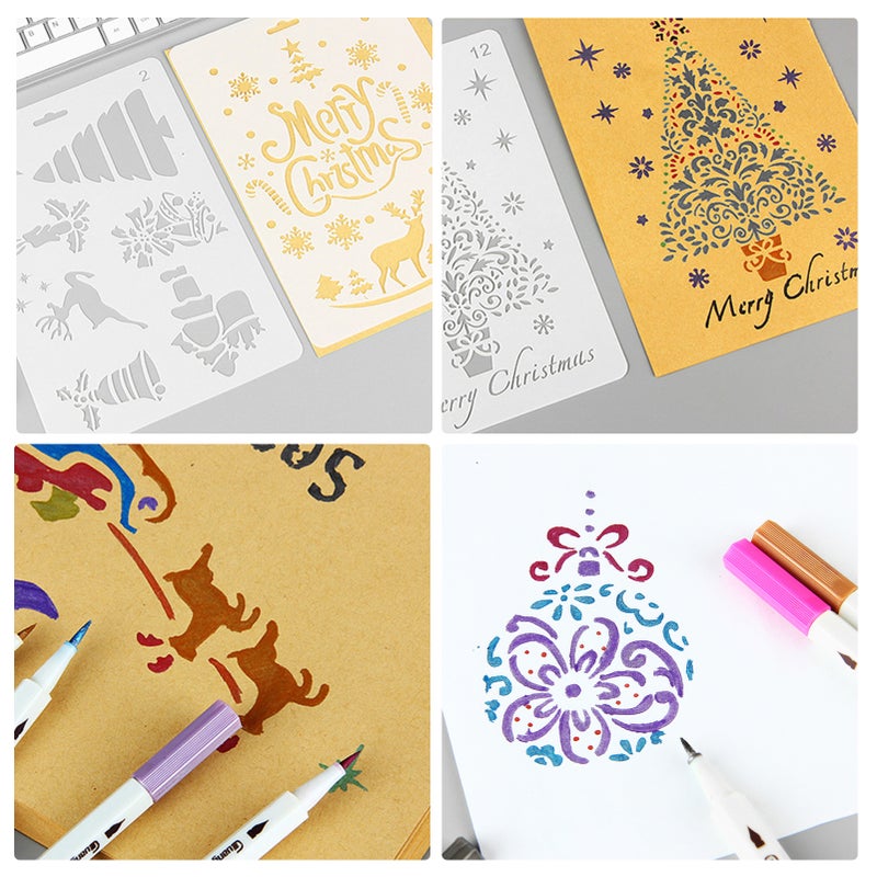 12pcs Drawing Stencils Christmas Painting Template Trees Deer Floral Pattern Multi-functional for DIY Craft Projects Journal Notebook Diary Scrapbooking Card Decoration Wood Burner Pen Tool - Image 4