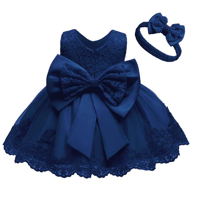 Toddler Baby Girls Formal Dresses Infant Bowknot Embroidery Tutu Lace Gown Dress Kids Pageant Party Wedding Birthday Flower Dresses Size 6M (Navy Blue 6M)