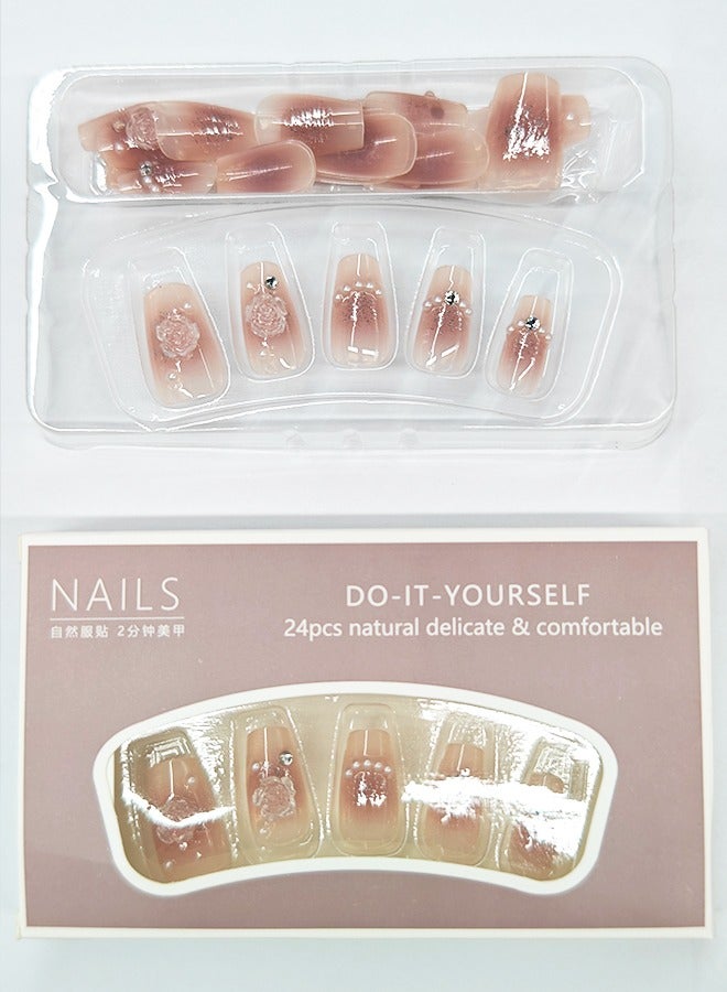 NIBEMINENT 24 قطعة أظافر صناعية، أظافر صناعية في علبة، أظافر صناعية قصيرة ذات رأس مسطح بلون وردي لامع، زهرة ثلاثية الأبعاد، زركون لؤلؤي صغير، رقعة أظافر صناعية - Image 2