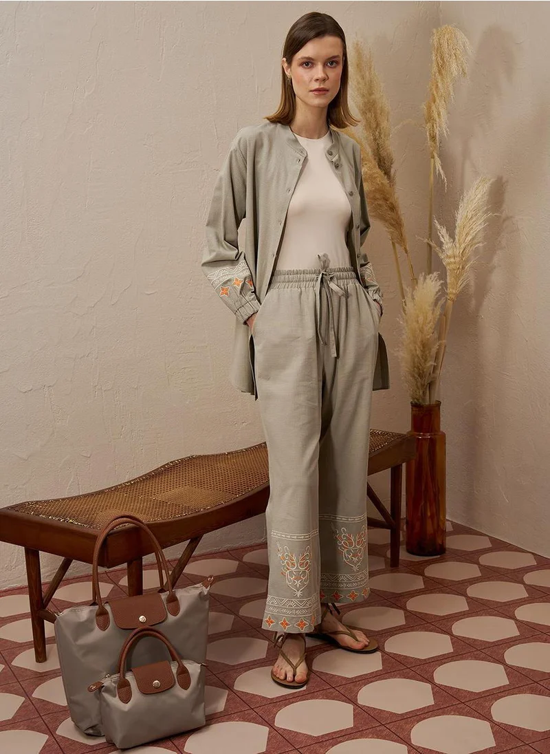 Kayra Embroidered Linen Double Suit Mold Green