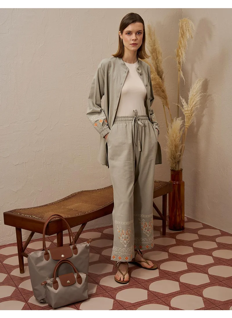Kayra Embroidered Linen Double Suit Mold Green