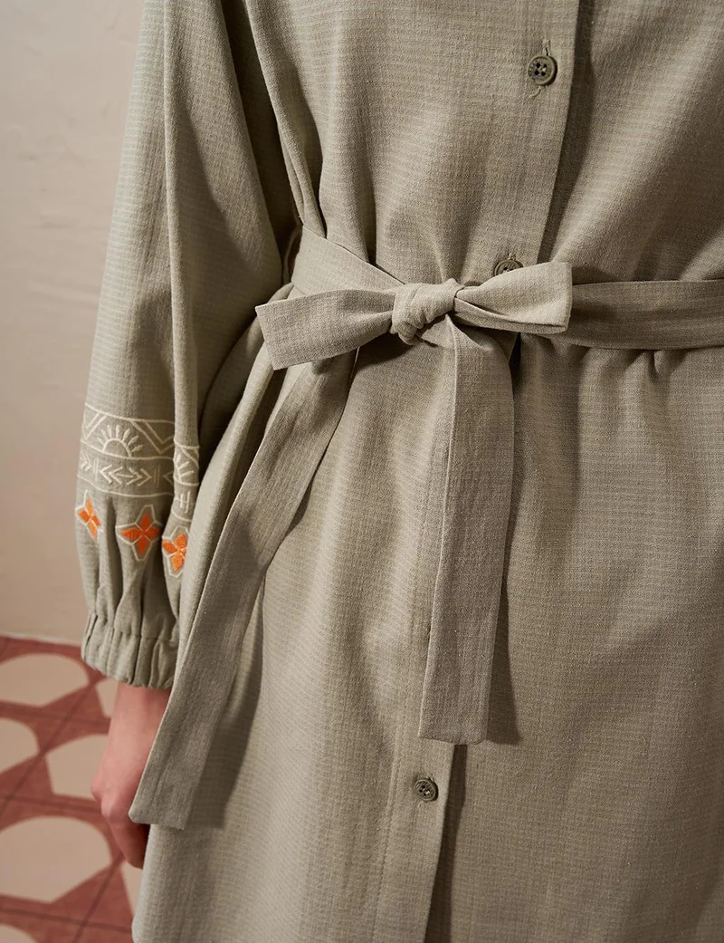 Kayra Embroidered Linen Double Suit Mold Green