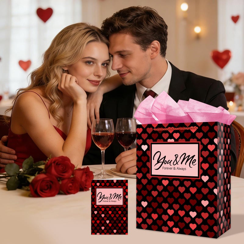 FaCraft You and Me Valentines Gift Bag with Handles Heart Gifts Bags Large Valentines Day Gift Bags with Wrapping Tissue Paper for Her Him Men Girlfriend Boyfriend Anniversary Wedding Bridal Showers - Image 4