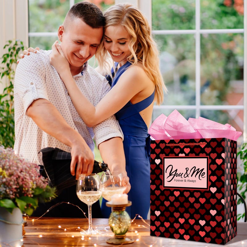 FaCraft You and Me Valentines Gift Bag with Handles Heart Gifts Bags Large Valentines Day Gift Bags with Wrapping Tissue Paper for Her Him Men Girlfriend Boyfriend Anniversary Wedding Bridal Showers - Image 2