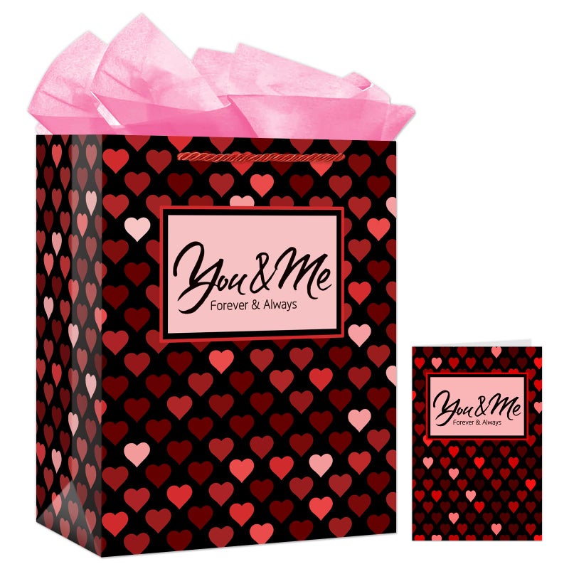 FaCraft You and Me Valentines Gift Bag with Handles Heart Gifts Bags Large Valentines Day Gift Bags with Wrapping Tissue Paper for Her Him Men Girlfriend Boyfriend Anniversary Wedding Bridal Showers - Image 1