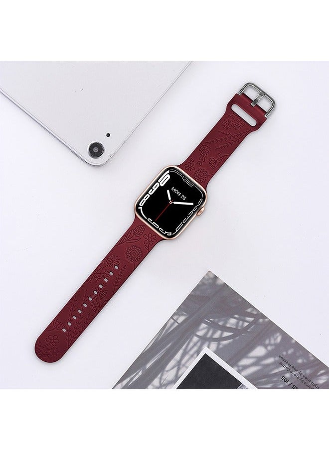 Generic - Floral Engraved Sport Bands Compatible with Apple Watch Band Soft Silicone Waterproof Strap Wristbands Compatible with iWatch Apple Watch Series 1/2/3/4/5/6/7/8/9/SE/Ulta/Ulta2(42/44/45/49mm) - Image 1