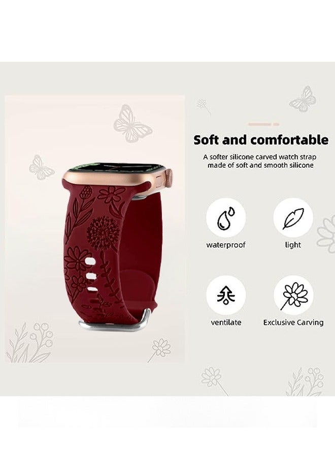 Generic - Floral Engraved Sport Bands Compatible with Apple Watch Band Soft Silicone Waterproof Strap Wristbands Compatible with iWatch Apple Watch Series 1/2/3/4/5/6/7/8/9/SE/Ulta/Ulta2(42/44/45/49mm) - Image 1