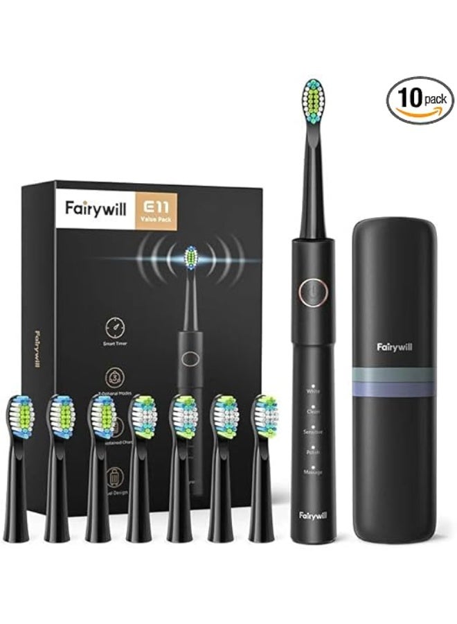 Fairywill airy E11 Black Electric Toothbrush with 8 Brush Heads – USB Rechargeable, ≤36V Operating Voltage, 260mAh Battery – Advanced Dental Care for Adults - Image 4