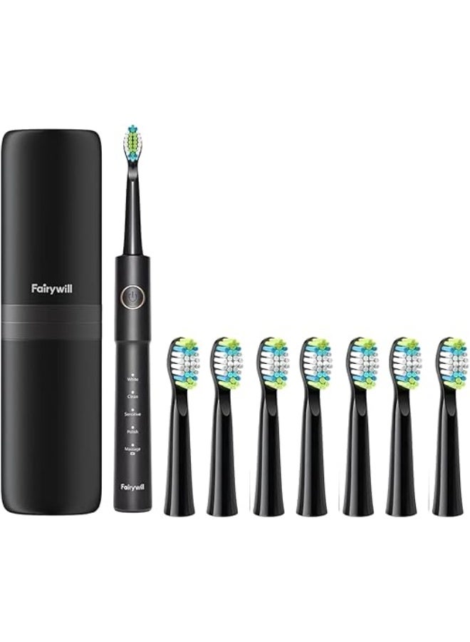 Fairywill airy E11 Black Electric Toothbrush with 8 Brush Heads – USB Rechargeable, ≤36V Operating Voltage, 260mAh Battery – Advanced Dental Care for Adults - Image 3
