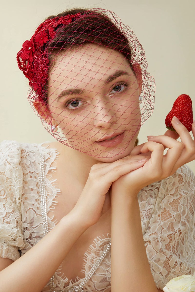BABEYOND طرحة زفاف BABEYOND مع مشبك رأس من الدانتيل الشبكي لحفلات الشاي وزهور الزينة وقبعات الجنازات للنساء باللون الأحمر النبيذي - Image 3