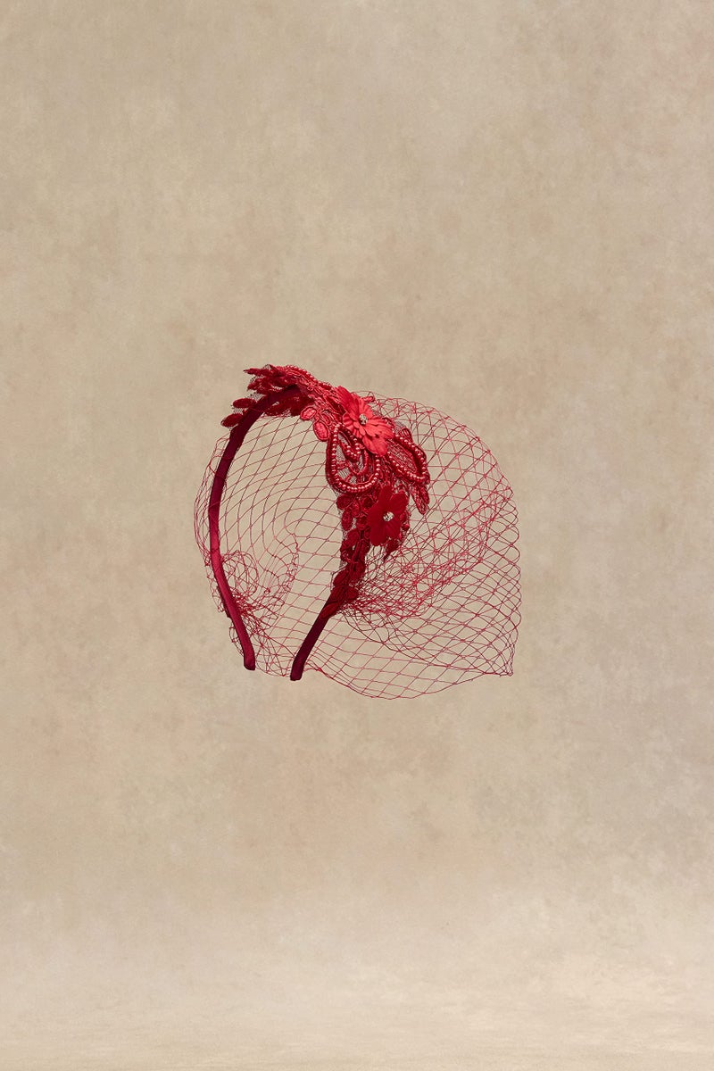 BABEYOND طرحة زفاف BABEYOND مع مشبك رأس من الدانتيل الشبكي لحفلات الشاي وزهور الزينة وقبعات الجنازات للنساء باللون الأحمر النبيذي - Image 2