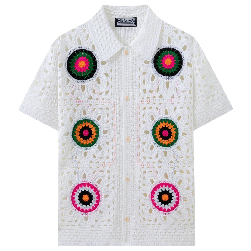 Men's Ethnic Hollow Knit Short Sleeve Polo Shirt - Image 2