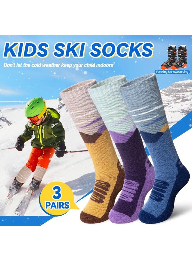 SEEYAN Kids Merino Wool Ski Socks Boys Girls Thermal Warm Boot Thick Winter 3 Pairs Cozy Socks For Skiing & Snowboarding, Purple/Blue/Brown, 8-12 Years - Image 5
