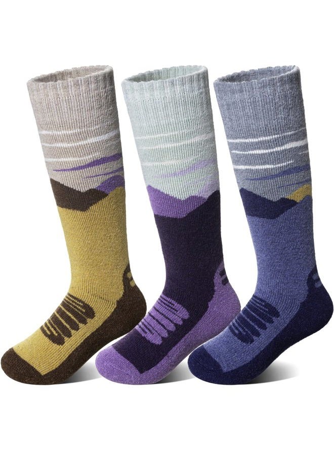 SEEYAN Kids Merino Wool Ski Socks Boys Girls Thermal Warm Boot Thick Winter 3 Pairs Cozy Socks For Skiing & Snowboarding, Purple/Blue/Brown, 8-12 Years - Image 1