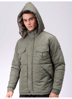 The Indian Garage Co Mens Olive Slim Fit Quilted Hooded Zipper Placket Flap Pocket Winter Jacket  - Image 2