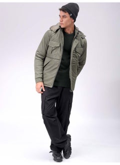 The Indian Garage Co Mens Olive Slim Fit Quilted Hooded Zipper Placket Flap Pocket Winter Jacket  - Image 1