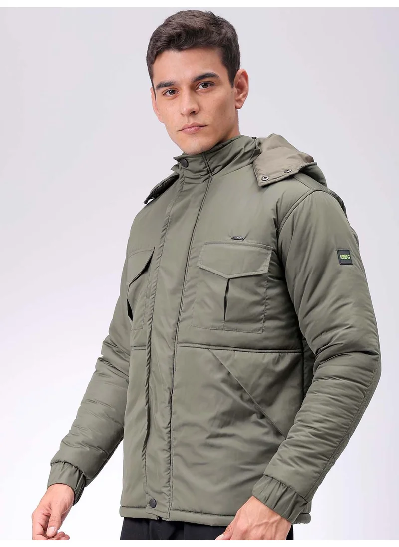 The Indian Garage Co Mens Olive Slim Fit Quilted Hooded Zipper Placket Flap Pocket Winter Jacket